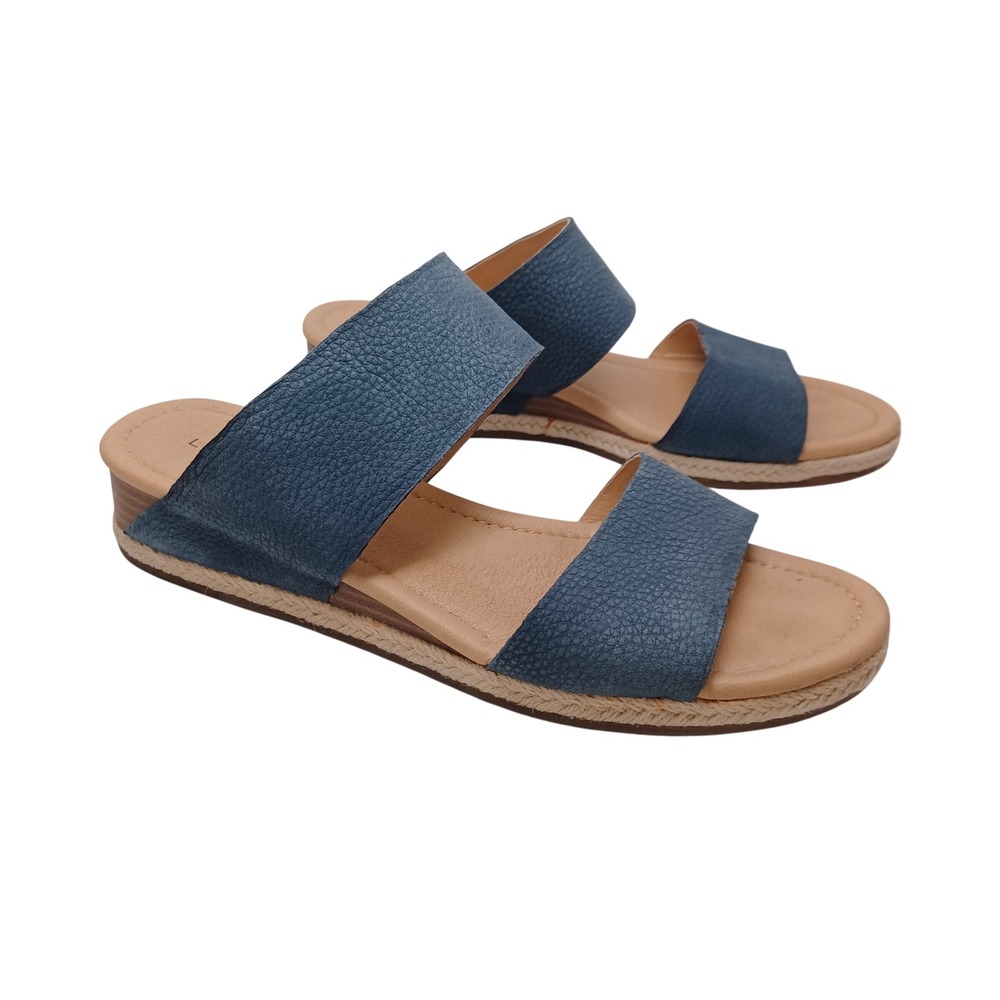 Lucky Brand Blue Leather Espadrille Wedge Slide Sandals Women 7.5 M Wyntor